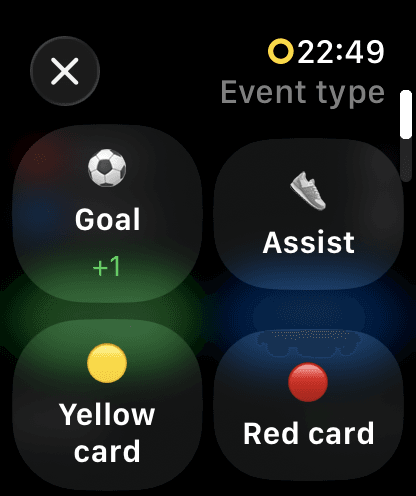 Apple Watch event menu: goal, assist, yellow and red cards
